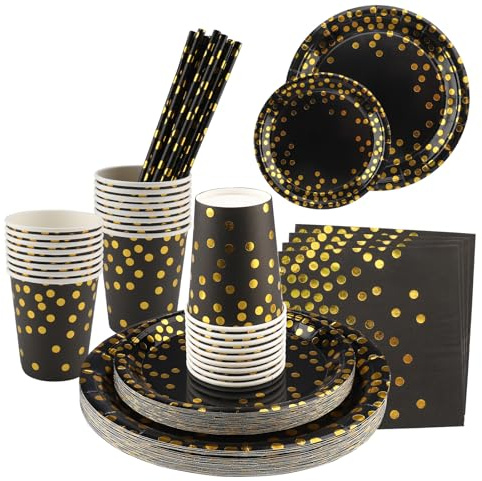 Party Tableware, 125 Pieces Reusable Gold Party Set Includes 7/9 Inch Paper Plates Cups Straws and Napkins Supplies for 25 Guests for DIY Birthday Holiday Wedding Engagement, Black
