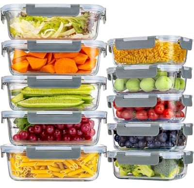 KUMD 20-Piece Set (10-Pack) Borosilicate Glass Meal Prep Containers with Upgraded Detachable Locking Lids - 5 Large (1040ml) & 5 Small (370ml) Lunch Boxes, Microwave/Oven/Freezer Safe