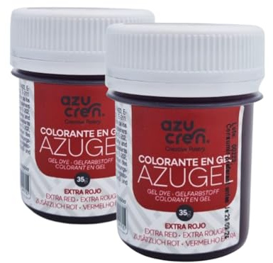 Azucren, Colorante Rojo para Red Velvet, Pack de 2 Colorantes Extra Rojo Alimentarios en Gel, Ideales paraTeñir Fondant, Buttercream y Bizcochos, Perfecto para postres de Haloween, 35 g (2 Ud)