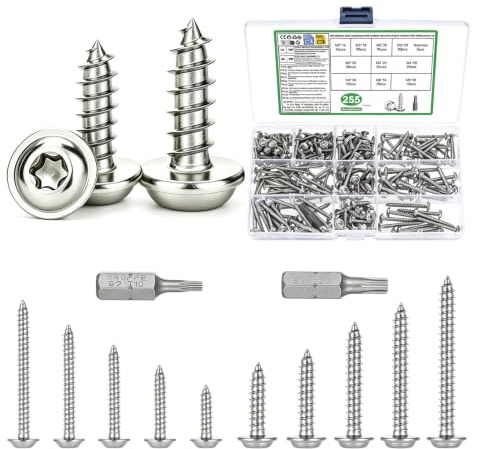 255 Stück Torx Schrauben Set, Edelstahl Holzschrauben Spanplattenschrauben, Linsenkopfschrauben Blechschrauben Selbstschneidende Schrauben Set mit Scheiben