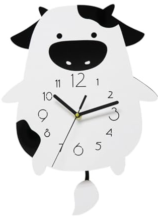 NOLITOY Dekorative Cartoon Wanduhr Kuhmotiv aus Acryl, Leise, Weiß