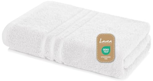 Lavea® Badetuch 100x150 cm - Weiß | 100% Baumwolle, Großes Duschtuch, saugstark, weich und hautfreundlich, Frottierserie Elena, waschbar und strapazierfähig