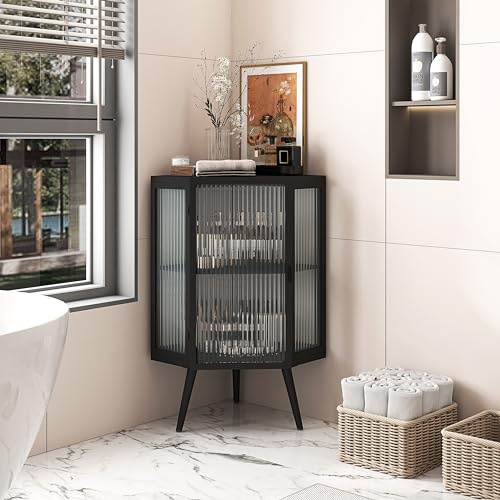 REXO Eckschrank mit Tür aus gehärtetem Glas und verstellbarem Einlegeboden für Badezimmer, Wohnzimmer, Schlafzimmer (Schwarz)