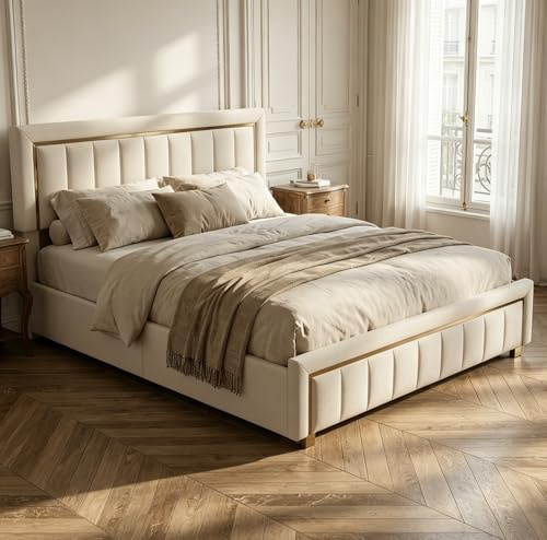BRILVERDE Cama tapizada 140x190 con Almacenamiento, Cama de Matrimonio con cabecero, Estructura de Cama con somier, Marco de Cama para Adultos, Terciopelo (Beis, 140 x 190 cm)