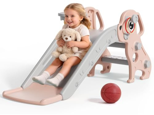 BIERUM Toddler Slide, 4 in 1 Kids Slide for Indoor Outdoor, Slide with Basketball Hoop & Ring Toss, Puppy Shaped Playset for Toddlers Age 1-3, Pink Gray