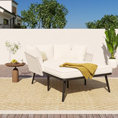 Merax Gartensofa 2-Sitzer, Outdoor Sofa mit 2 Kissen und 2 Polster, Sonnenliege im Außenbereich, Gartenlounge, Balkonmöbel-Set, Loungemöbel, Terrassenmöbel, Beige