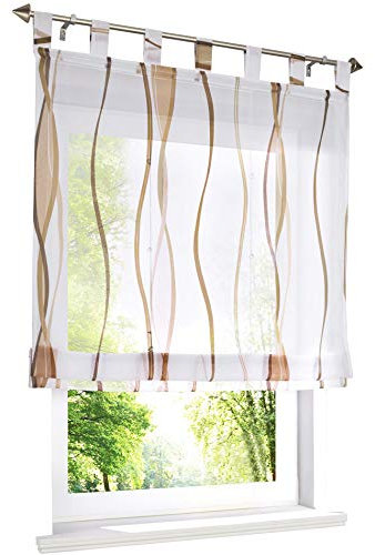 Voile Raffrollo mit Wellen Druck Design Rollos Schlaufen Transparent Vorhang (BxH 140x140cm, Sand)