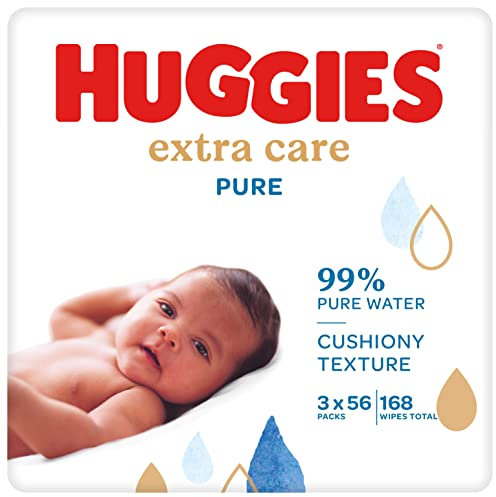 Huggies Pure Extra Care Lot de 56 paquets de 3 paquets de 168 lingettes humides à l'eau pure à 99% sans parfum pour nettoyer et protéger les peaux sensibles