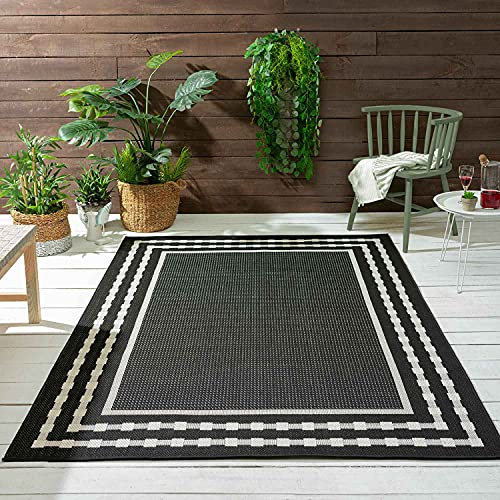 VIMODA Robuster Flachgewebe Teppich In- und Outdoor Tauglich 100% Polypropylen, Farbe:Schwarz, Maße:140x200 cm