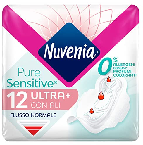 Nuvenia - Assorbente Pure Sensitive Ultra con Ali - Superficie Delicata per Pelli Sensibili - Confezione da 12 Assorbenti