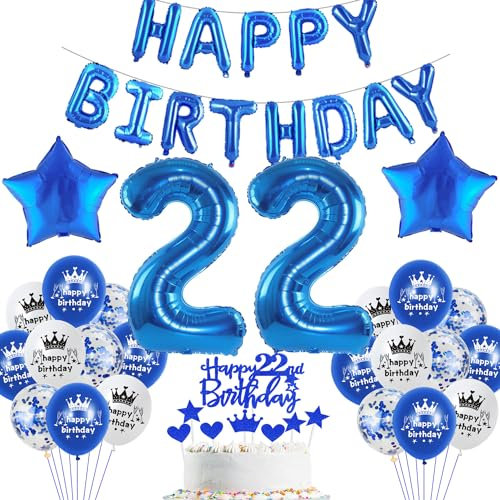 Blau Luftballon 22. Geburtstag Mann Deko - Folienballon, Party Dekorationen, Happy Birthday Girlande Banner, Geburtstagsdeko 22 Jahre - Ballon Deko für Männer