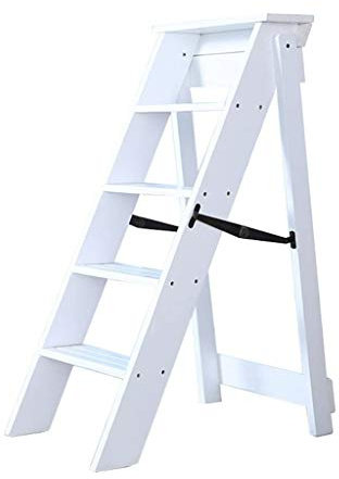ZHZ-DT Haushaltsleiter Klapptreppe Klappstufen Trittleiter 5 Stufen aus Holz leicht und faltbar für Kind Erwachsene Leiterstuhl Hockerleiter für Bibliothek Küche Workzone, Weiss