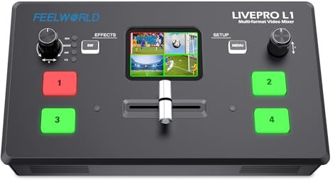 FEELWORLD LIVEPRO L1 V1 - Conmutador mezclador de video multicámara con pantalla LCD de 2 pulgadas, 4 entradas HDMI, formato de salida USB 3.0, producción en tiempo real, transmisión en vivo, ligero