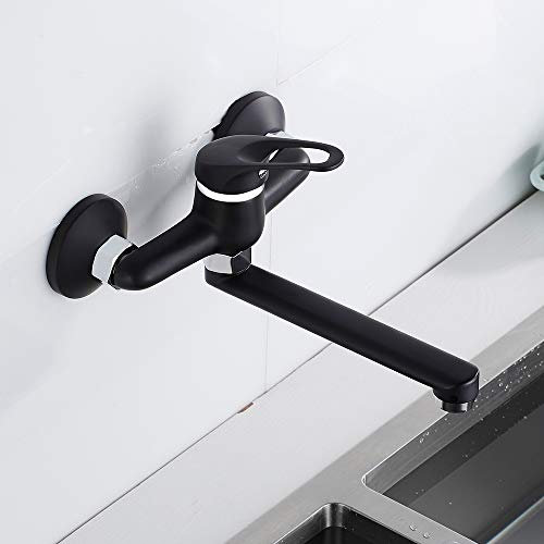 Robinet de cuisine mural avec long bec - Robinet mural pour évier de cuisine - Mitigeur monocommande - Rotatif à 360° - En acier inoxydable chromé et laiton - Noir