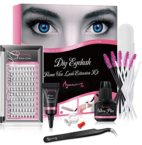 DIY Kit de Extensiones de Pestañas Pelo a Pelo, Starter Kit de Extensiones de Pestañas Bricolaje, Cluster Lashes/Pegamento/Removedor/Pinza en Casa Beauty7 (10D Kit- 0.07)