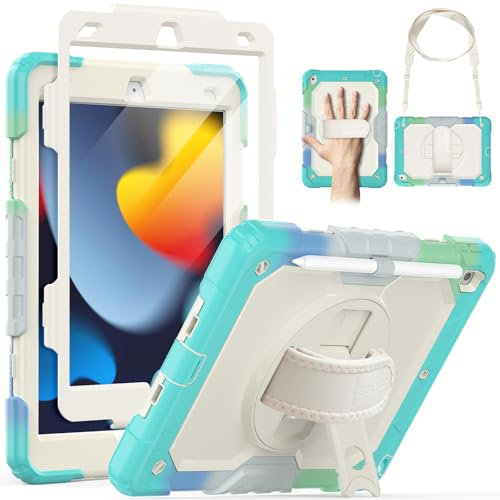 SEYMAC Hülle für iPad 9./8./7. Generation 2021/2020/2019, 10.2 Zoll, Stoßfest mit Displayschutzfolie, 360 Grad Drehbarer Ständer, Handschlaufe, Stifthalter, Creme