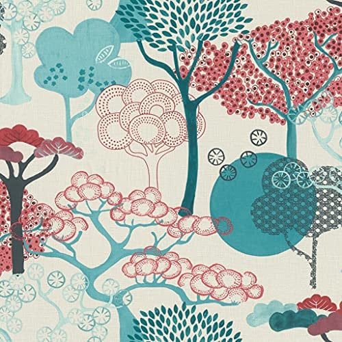 Rasch Tapeten 539950 Non-Woven Wallpaper with Trees in Red, Petrol and Grey on Cream White Background and Light Structure 10.05 m x 53 cm