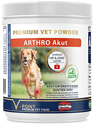 V-POINT ARTHRO Akut für Hunde bei Gelenkschmerzen akut schmerzhaften Beschwerden Premium Kräuterpulver mit Teufelskralle Ingwer Hagebutte Weidenrinde Gelenkpulver (250 g)