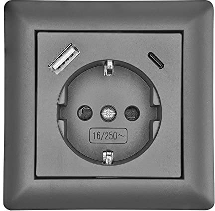 Schutzkontakt-Steckdose mit 2 x USB-Anschluss Typ A + C 3,5A Anthrazit Schuko Steckdose Unterputz Wandsteckdose Ladegerät