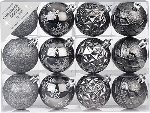 MAGIC Weihnachtskugeln Kunststoff 6cm x 12 Stück Set mit Muster Mix Christbaumkugeln anthrazit
