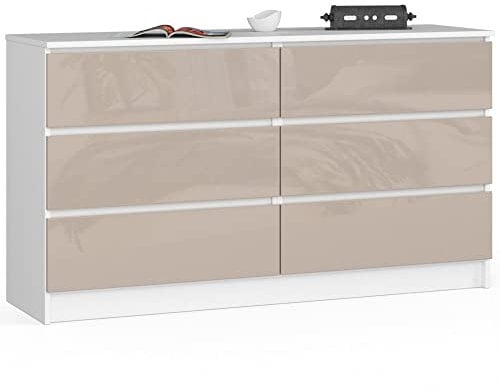 Kommode K-140 mit 6 (2 x 3) Schubladen | für das Wohnzimmer Schlafzimmer Schrank Büro Arbeitszimmer | Modernes Funktionales Design | B138 x H77 x T40 cm, Gewicht 51kg | Weiß / Glänzender Cappuccino