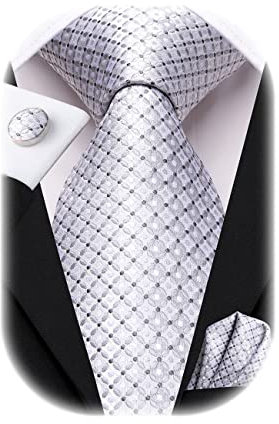 Hi-Tie Herren Krawatte Schwarz Paisley/Plaid/Streifen/Einfarbig Krawatten Set Einstecktuch Manschettenknöpfe Business Formal Hochzeit Meeting Geschenkbox,silbernes Plaid