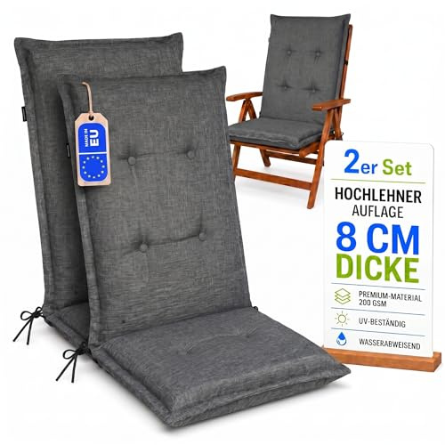 Pillows24 Hochlehner Auflagen 2er Set 120x50x8cm, Wasserabweisend & UV-fest | Premium-Material 200gsm, Extra dicke Polsterung 8 cm, Sitzauflagen Hochlehner, Sitzkissen Gartenstuhlauflagen, Dunkelgrau
