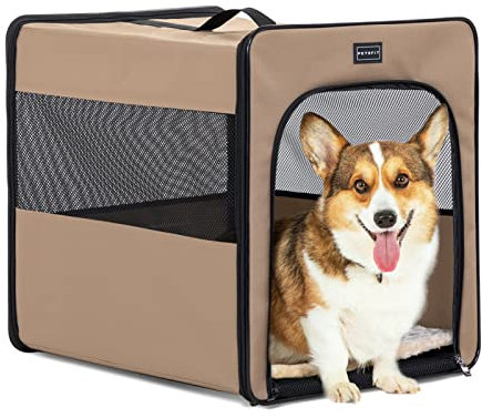 Petsfit Hundebox faltbar für zuhause Hundetransportbox Faltbare Hundebox Auto mittlere Hunde, robust, leicht, sicher mit 3 cm dicken Plüschmatte, M 61x46x53.5cm