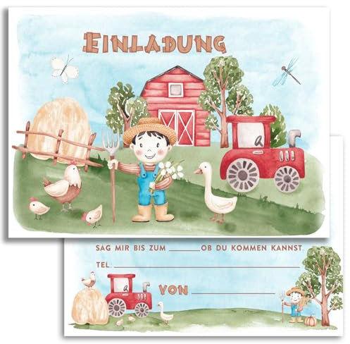 10x Kinder Einladungskarten Einladung Kindergeburtstag Bauernhof Bauer Traktor Geburtstag Ente Hühner Schäune A6 Doppelseitig Party Kinder 1 2 3 4 5 6 7 8 9