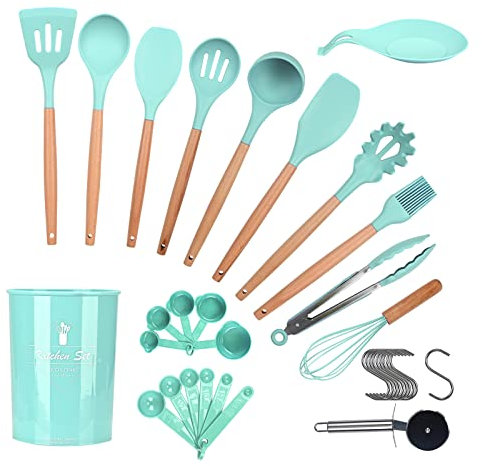 ONATISMAGIN Juego de utensilios de cocina de silicona, juego de utensilios de cocina de silicona antiadherente, incluye espátula, cuchara ranurada, cuchara, rueda de pizza, gancho y más (verde oscuro)