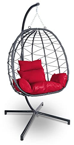 ELYFLAIR® Hängesessel - Outdoor-Sessel mit Gestell, ideal für Balkon, Terrasse & Garten - Hängekorb in Rattan-Optik, inkl. Sitzkissen & Nackenrolle - Entspannung & Stressabbau (Rot)