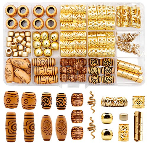Dotilili Haarschmuck für Zöpfe, 124 Stück Gold Dreadlocks Schmuck Aluminium Holzimitat Haar Perlen Dekoration Ringe Cuffs für Männer Frauen Mädchen Zöpfe