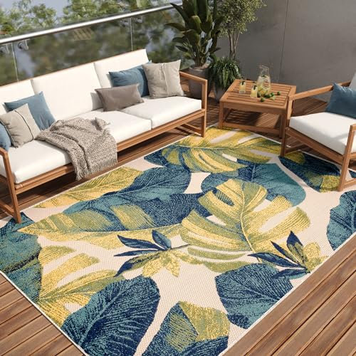 TAPISO Patio Teppich Outdoor Indoor Blau Grün Creme Blätter Flachgewebe Wetterfest UV-Beständig Sisal Wohnzimmer Terrasse Balkon ÖKO-TEX 160 x 220 cm