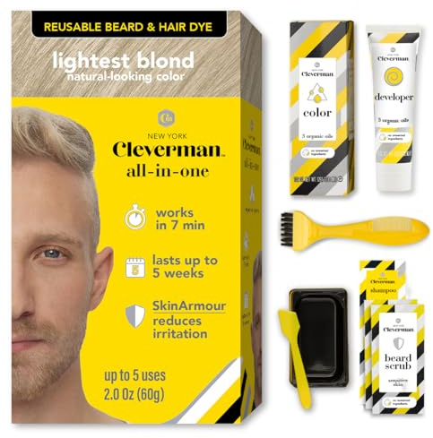 Reusable Hair & Beard Dye for Men – Lightest Blond | Up to 5 Uses, 7 Minutes | Natural Gray Coverage, No-Drip Cream with SkinArmour® – Cleverman