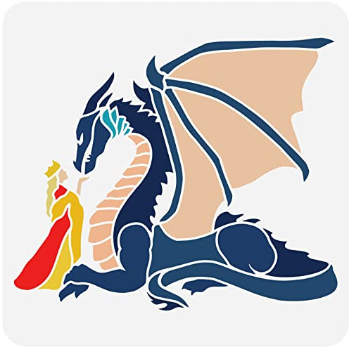 FINGERINSPIRE Drachen Und Prinzessinnen Schablone, 30x30 cm, Wiederverwendbar, Große Flugsaurier Zeichenschablonen, Aushöhlen, Drachen Bastelschablone Zum Malen An Der Wand, Stoffkleidung, Papier