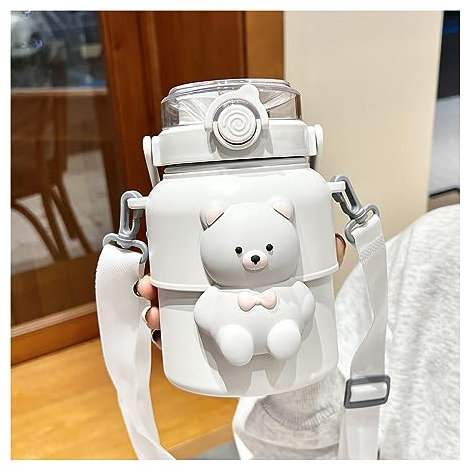 KALWEL, Botellas de agua aisladas en forma de oso, botella de agua Kawaii, botellas de agua para niñas, botella de agua de acero inoxidable con popote, botella de agua bonita, con correa para el