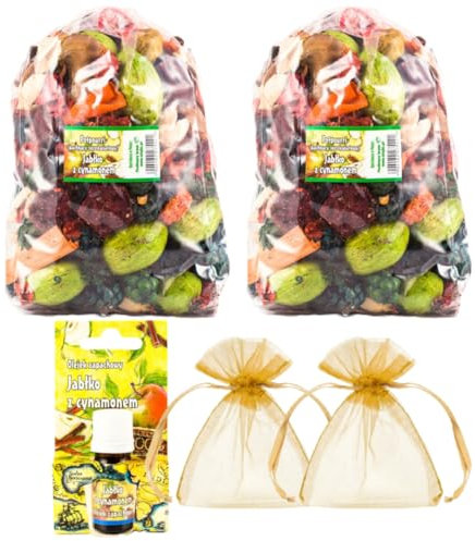 Ensemble de Potpourri parfumé à la Pomme et à la Cannelle - 2 Grands Sacs, 1 Huile parfumée, 2 sachets en Organza | Décoration d'automne et de Noël pour la Maison | Fleurs séchées | Subtil arôme
