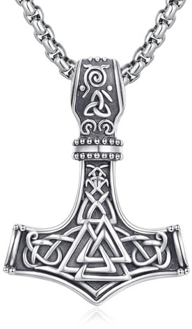 XIXLES Collar vikingo nórdico Mjolnir de plata de ley con colgante de martillo de Thor celta, runa vikinga, valknut y martillo de Thor, collares de amuleto de joyería para hombres y mujeres, Plata