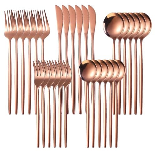 Buumin 30-Piece Rose Gold Cutlery Set, Knife, Fork, Spoon, Tableware Cutlery Service for 6, Stainless Steel Sets, Flatware Silverware Set, Titanium Coating Utensil Sets, Mirror Polished Design