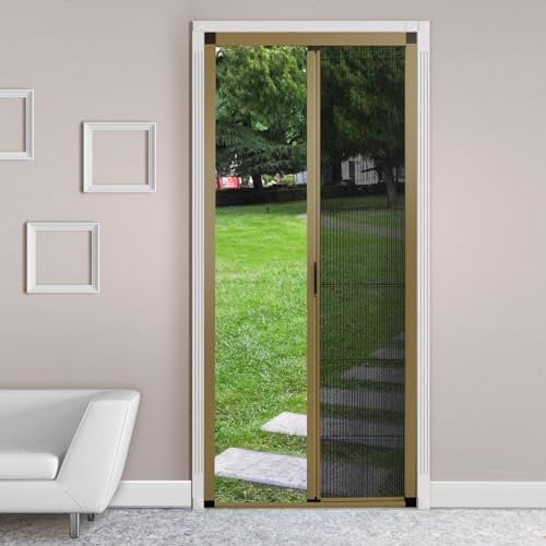 ROOMNEST No-Drilling Retractable Screen Door, Folding Door with Aluminum Frame and Durable Mesh, Keeps Bugs Out, for Single or Double Door Customize Size(Champagne