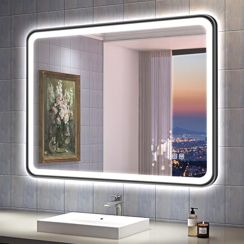 S'bagno Espejo Baño con Luz Rectangular 80x60 cm, Espejos de Baño con LED y Marco de Aluminio, Antivaho, 3000K-6500K, Regulable, Cristal Templado HD, Función de Memoria, IP44, Negro