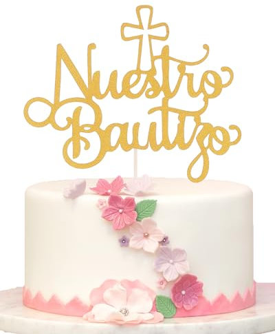 Decoración dorada para tartas Nuestro Bautizo - Decoración para tartas con purpurina para bautizo español, decoración para tartas Mi Bautizo, suministros de decoración de fiesta de baby shower