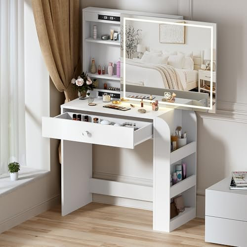 MSFE Console Trucco,Tavolo da Trucco con Specchio Scorrevole e Luci,3 Colori Luminosità Regolabile Con Tocco,Postazione Make-up 1 Cassetti,Mobile Trucco con Specchio e Luci,Vanity Desk,81.2*40*135cm