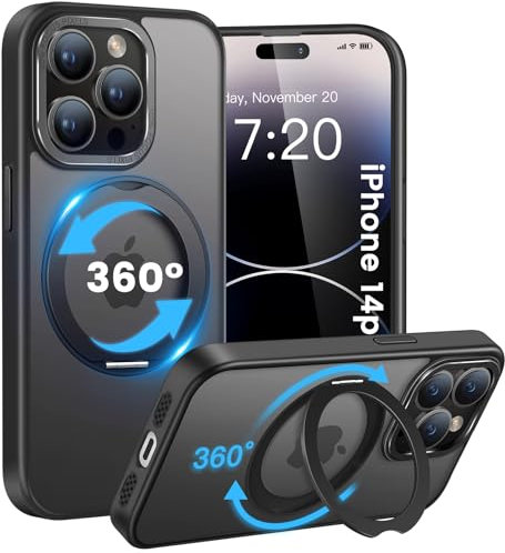 HuwaiH handyhülle für iPhone 14 pro Hülle, [360° Magnetischer Ring Ständer ] [mit Mag-Safe] [Transluzente Matte] Stoßfeste Kratzfeste Schutzhülle für iPhone 14 pro (Schwarz)