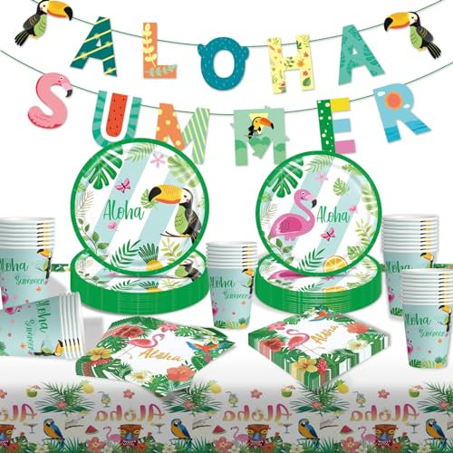Marypaty Stoviglie per Feste Hawaiano, Piatti e Bicchieri per Feste Hawaiano, Stoviglie per Feste- Piatti,Tovaglioli, Tazze,Tovaglie e Banner Decorare Forniture per Feste