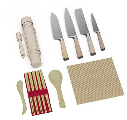 Klarstein Shibui Cuchillo Para Sushi - Kit Sushi Completo 15 Piezas con Cuchillos de Acero Inoxidable, Esterillas de Bambú & Accesorios para Principiantes & Profesionales