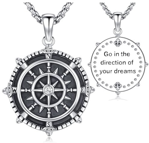Friggem Kompass Halskette 925 Sterling Silber Kompass Anhänger Damen Herren Vintage Kompass Halskette Amulett Schmuck Geschenk für Graduierung Saison