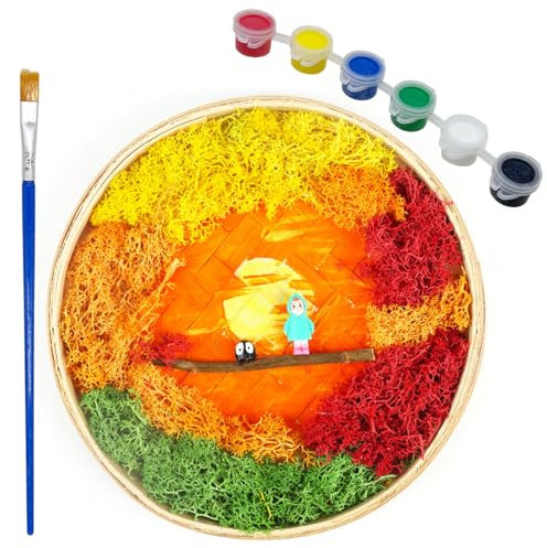 Woohome Mini Zen de Jardin, Peinture Micro Paysage DIY avec Cadre de Peinture en Bambou Rond, Mousse, Kit de Jardin pour La Décoration de La Maison, Décoration de Cadre Photo, Monde Féerique