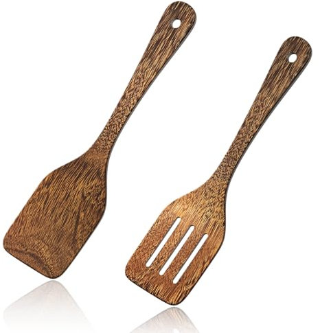 Set of 2 Wooden Spatulas, 12 Inch Cooking Utensils Set, Kitchen Tools for Non-Stick Pan or Wok, Heat Resistant, Antibacterial