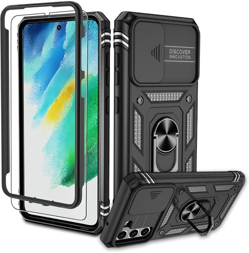 Pilaru für Samsung Galaxy S21 FE Hülle, S21 FE Kameraschutz Handyhülle mit 1 Stück Schutzfolie, 360° Drehhalter Ring Schutzhülle Militär Stoßfest Kratzfest Handy Hüllen für Samsung S21 FE-Schwarz